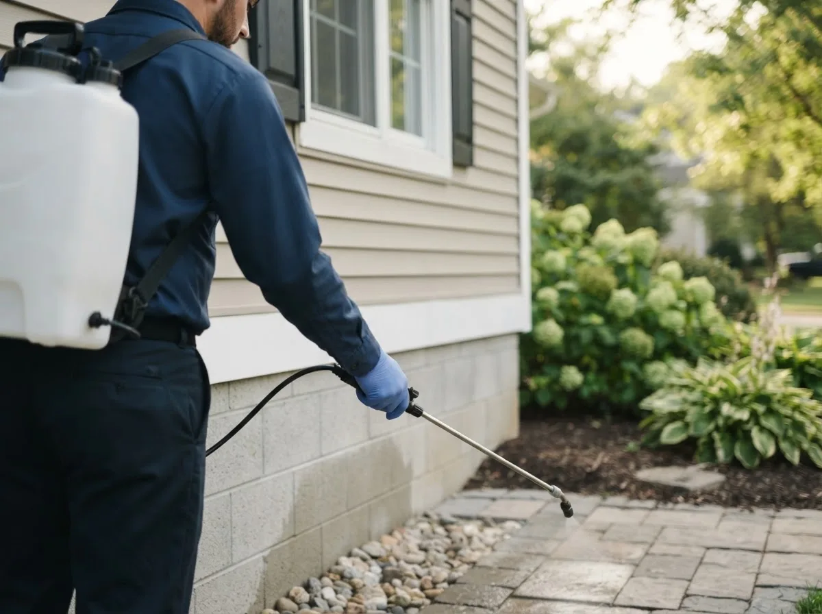 Pest control technician inspecting a home in Brownsville, OH